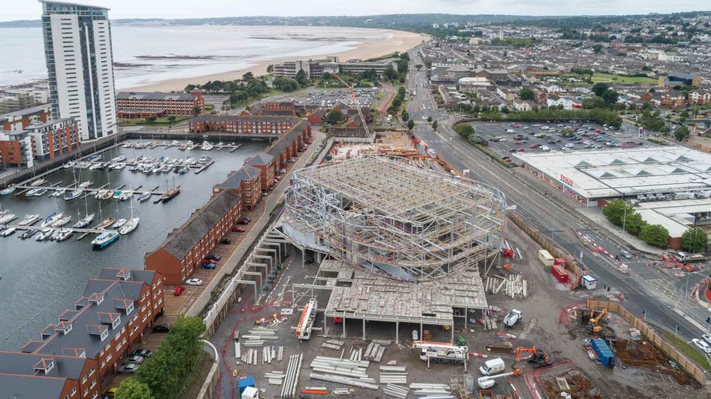 Aerial view showing construction of Swansea Arena. Photography by James Thompson. 