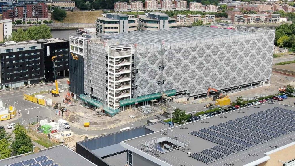 Aerial View Image of New Multi Storey Car park Gateshead showing new facade.