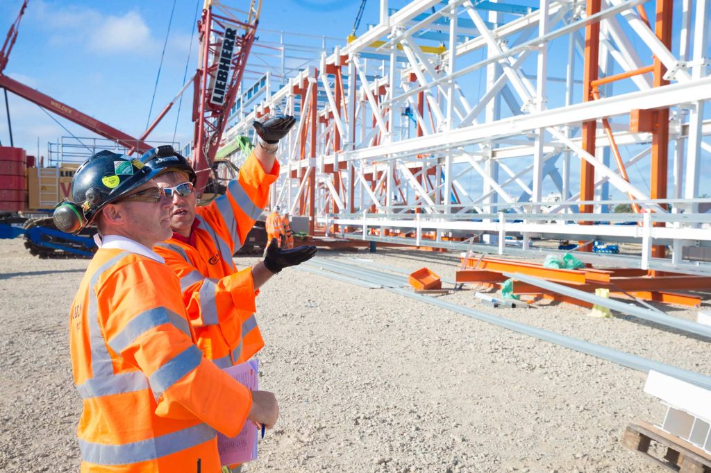 Boeing aircraft hangar Gatwick construction site photography steel framework documentation
