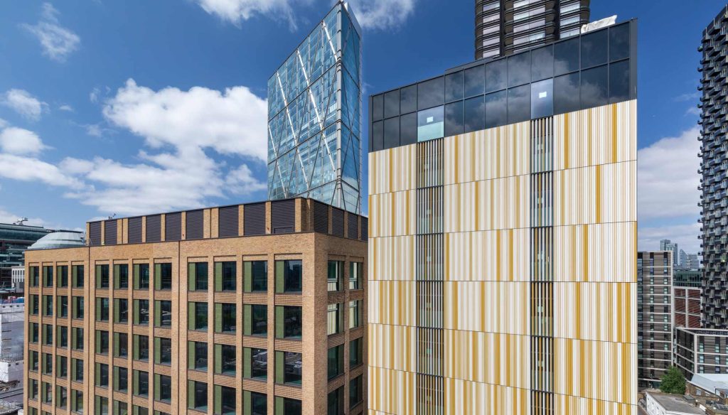 Complex London building envelope systems including curtain wall and rainscreen facades documented by specialist construction photographer James Thompson for Norton Folgate development