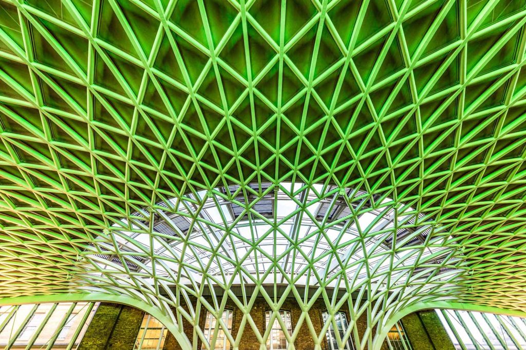 ing's Cross Western Concourse diagrid interior London transport infrastructure construction photography