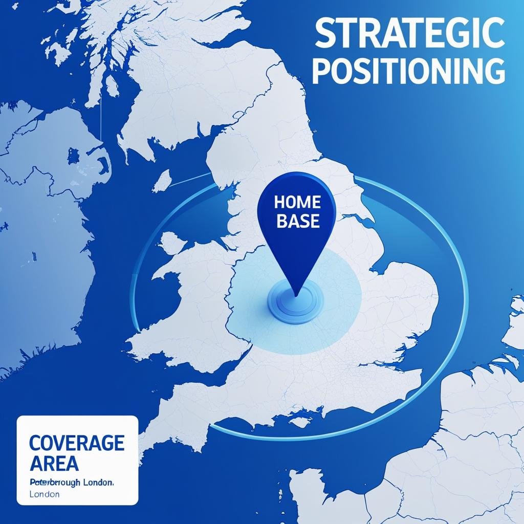Strategic positioning map Peterborough base London construction photography coverage area