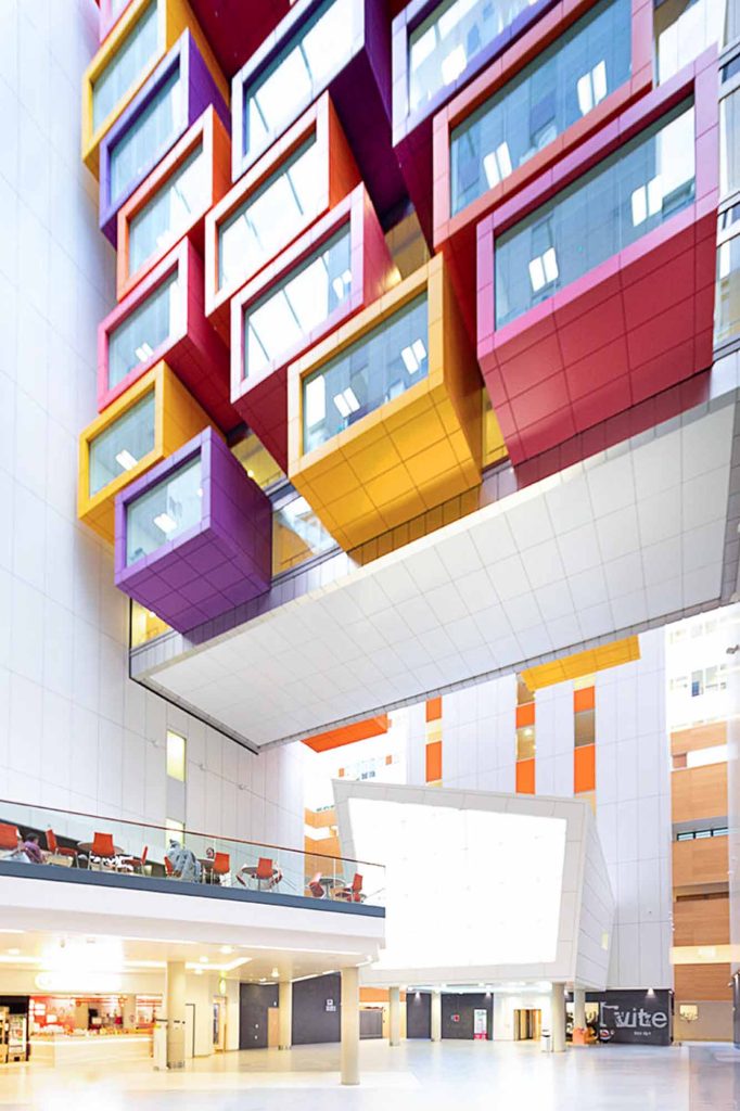 Queen Elizabeth University Hospital Glasgow interior atrium by James Thompson - MIPIM Award Best Healthcare Development winner showcasing cantilevered pods and architectural photography