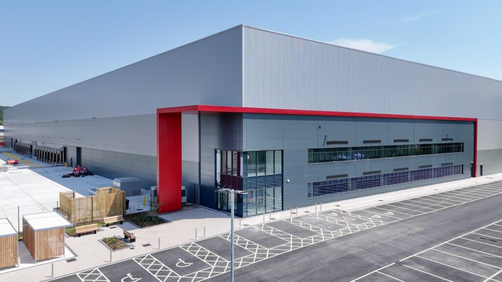 Completed Arrow Point Bolton logistics unit showing entrance and external works